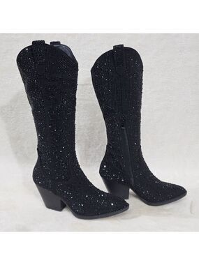 Country Glow Black Rhinestone Glitter Disco Cowgirl Western Knee Boots